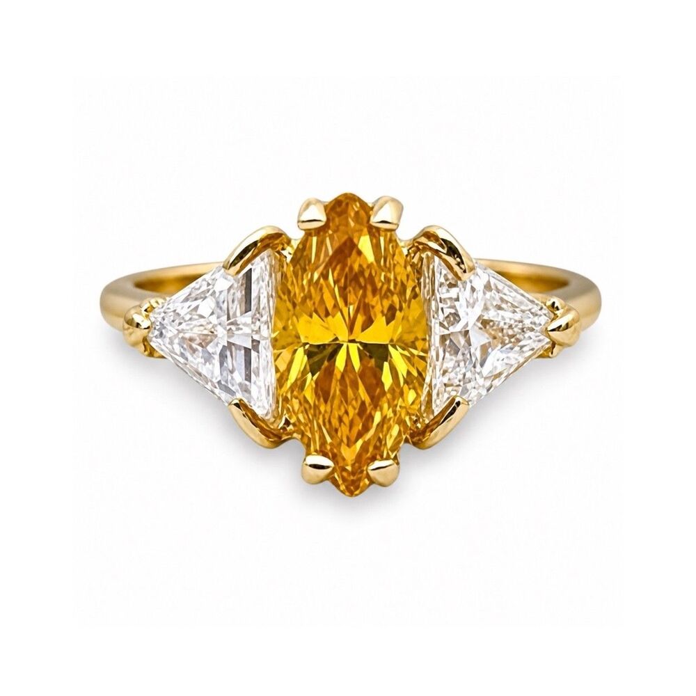 Vintage 1980s Ring Size 6 Yellow CZ Marquise Three Stone 18KT Gold Plated - 14L